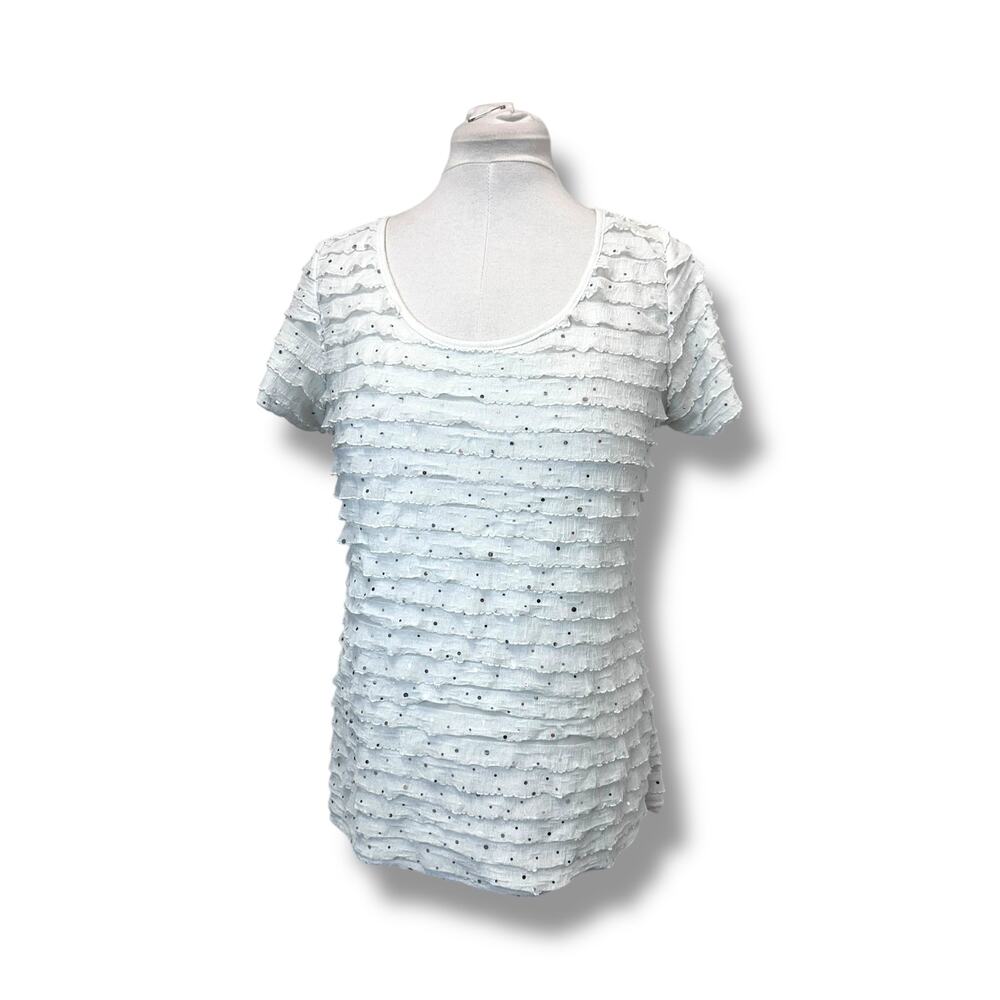 Agenda Women’s Short Sleeve Blouse Y2K Ruffle Sparkle Whimsical Party White XL